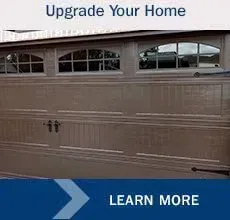 Brown garage door with windows, text: