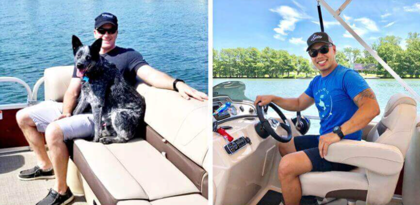 A man is sitting on a boat with a dog and a man is driving a boat.