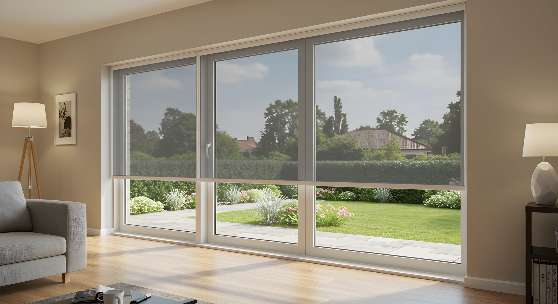 A living room with light walls and wood floors, featuring large windows with partially lowered grey roller blinds. A living room with light walls and wood floors, featuring large windows with partially lowered grey roller blinds.