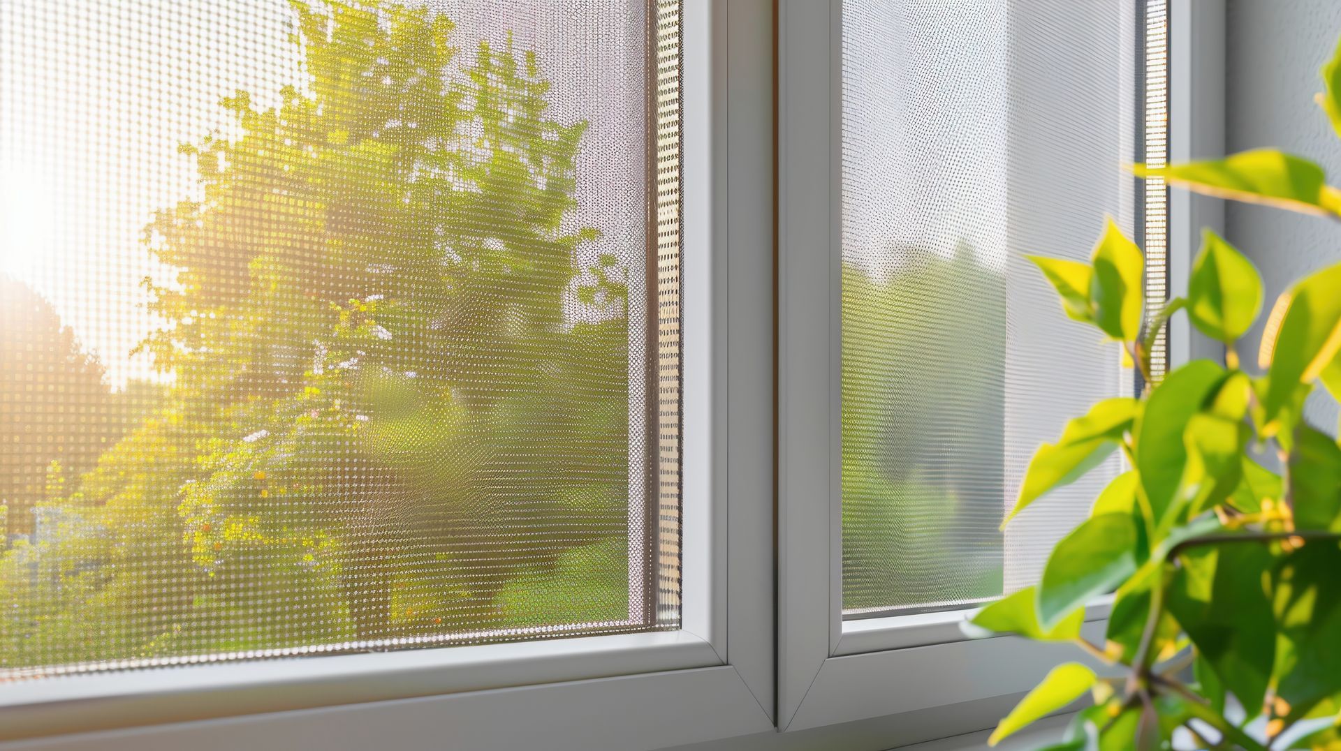 A view through a white-framed window with a mesh screen, showing sunlit trees outside and a green plant in the foreground. A view through a white-framed window with a mesh screen, showing sunlit trees outside and a green plant in the foreground.