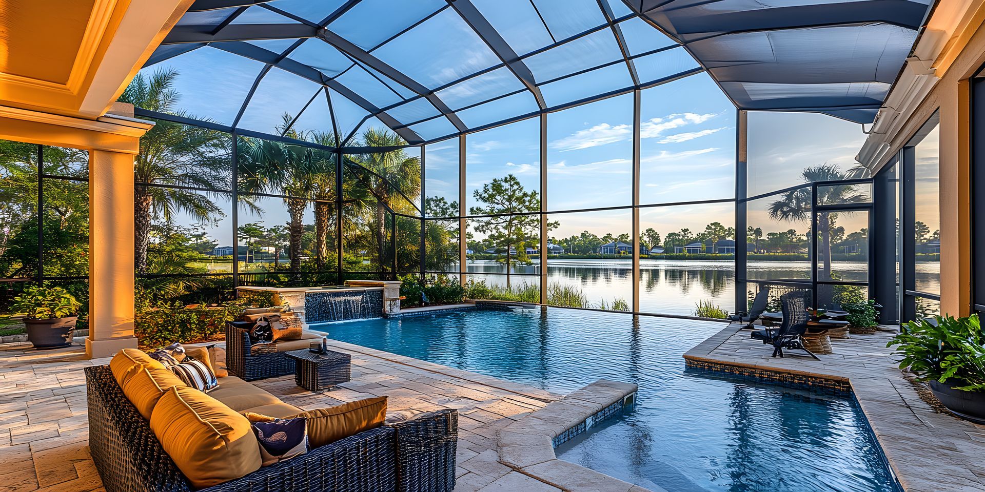 A screened-in patio features a swimming pool, spa, and comfortable outdoor furniture overlooking a calm lake at sunset. A screened-in patio features a swimming pool, spa, and comfortable outdoor furniture overlooking a calm lake at sunset.