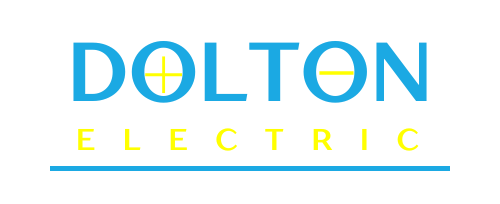 Logo for Dolton Electric, blue text with crosshairs and a horizontal line, yellow 