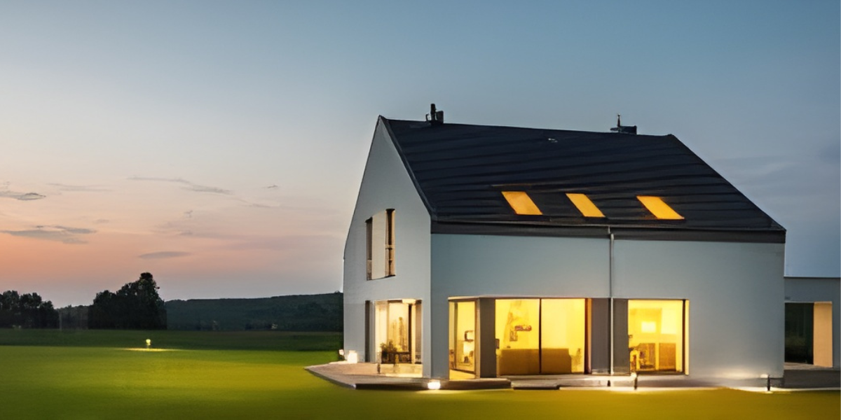 Modern white house with illuminated windows and a dark roof at dusk.
