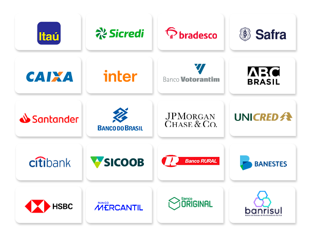 Logos de diversos bancos, como Itaú, Caixa, Sicredi, Bradesco, Inter, Banco Votorantim entre outros