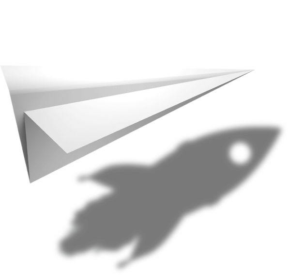 Avião de papel com a sombra de um foguete