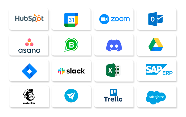 Logos de diferentes sistemas compatíveis, como Hubspot, Zoom, Asana, Jira, Slack entre outros