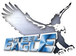 A logo for steel eagle with an eagle flying in the background
