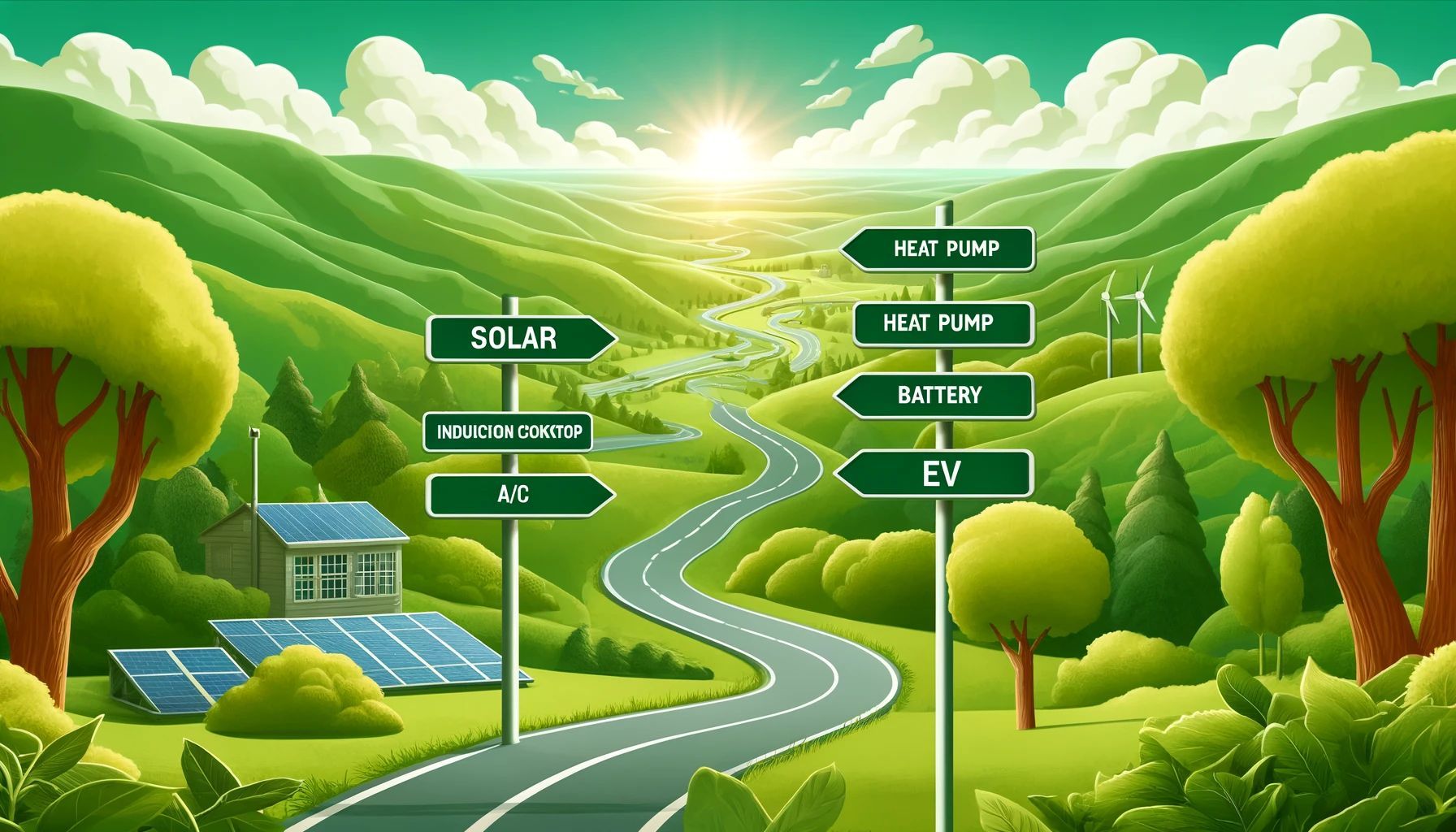 Renewable energy roadmap with solar, battery storage, EV charging, Hot water heat pumps, induction cooktops