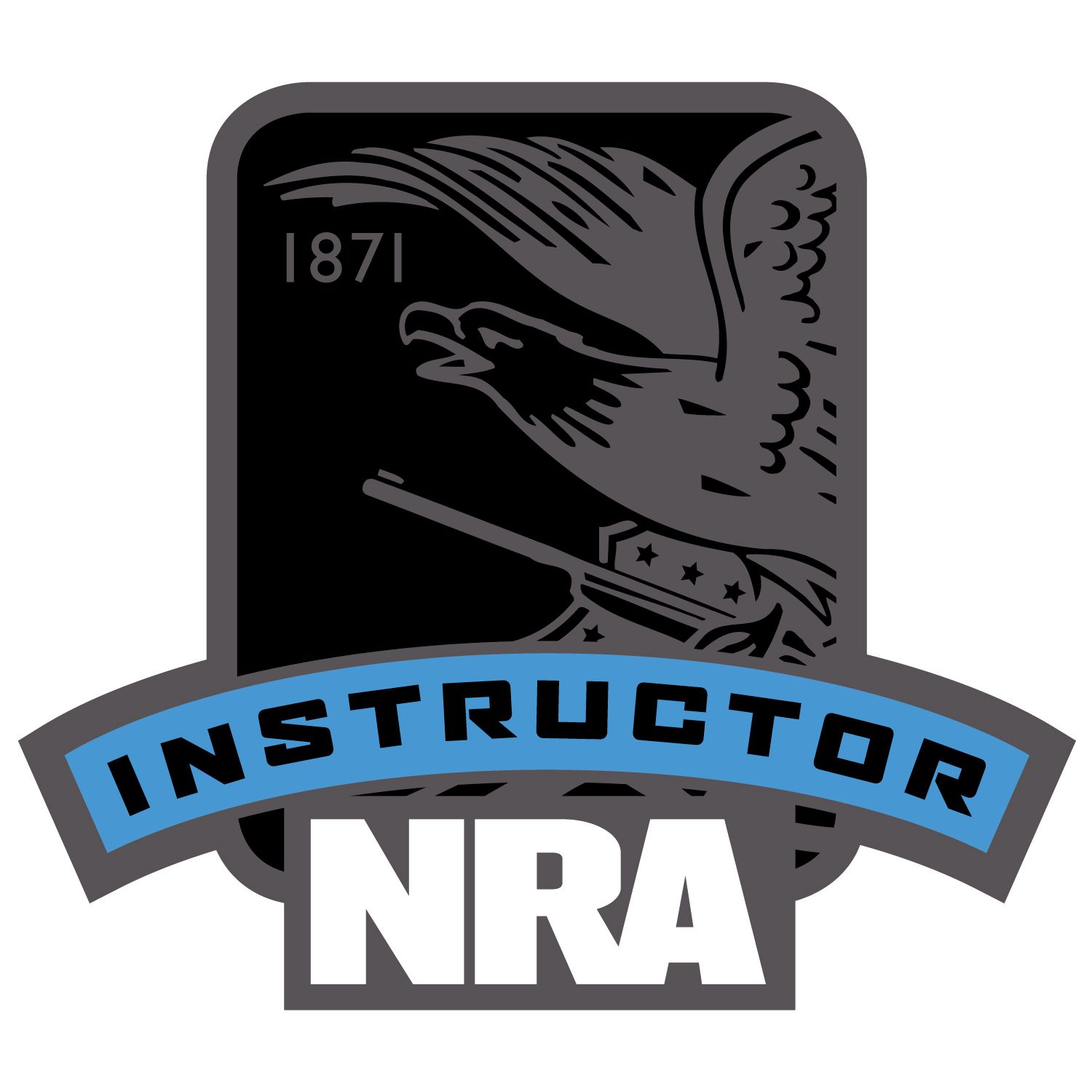 NRA Instructor logo: Eagle with rifle, 1871, over text 
