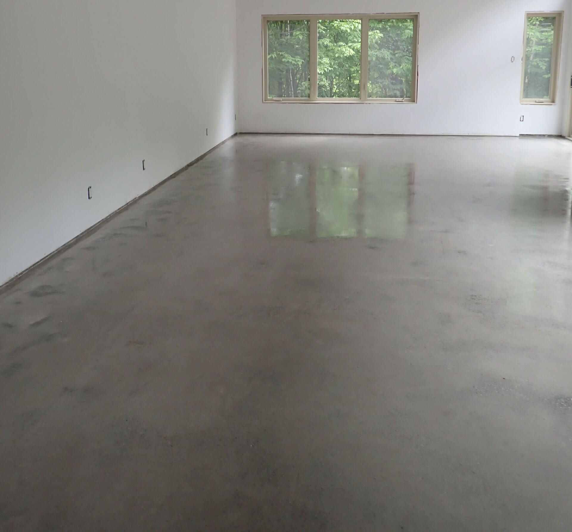 Pièce vide avec sol en béton poli, murs blancs et fenêtres donnant sur les arbres.