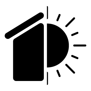 Une silhouette noire et blanche d'une maison avec un soleil qui brille à travers.