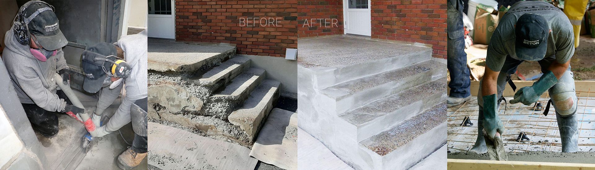 A collage of four pictures of a man working on concrete steps