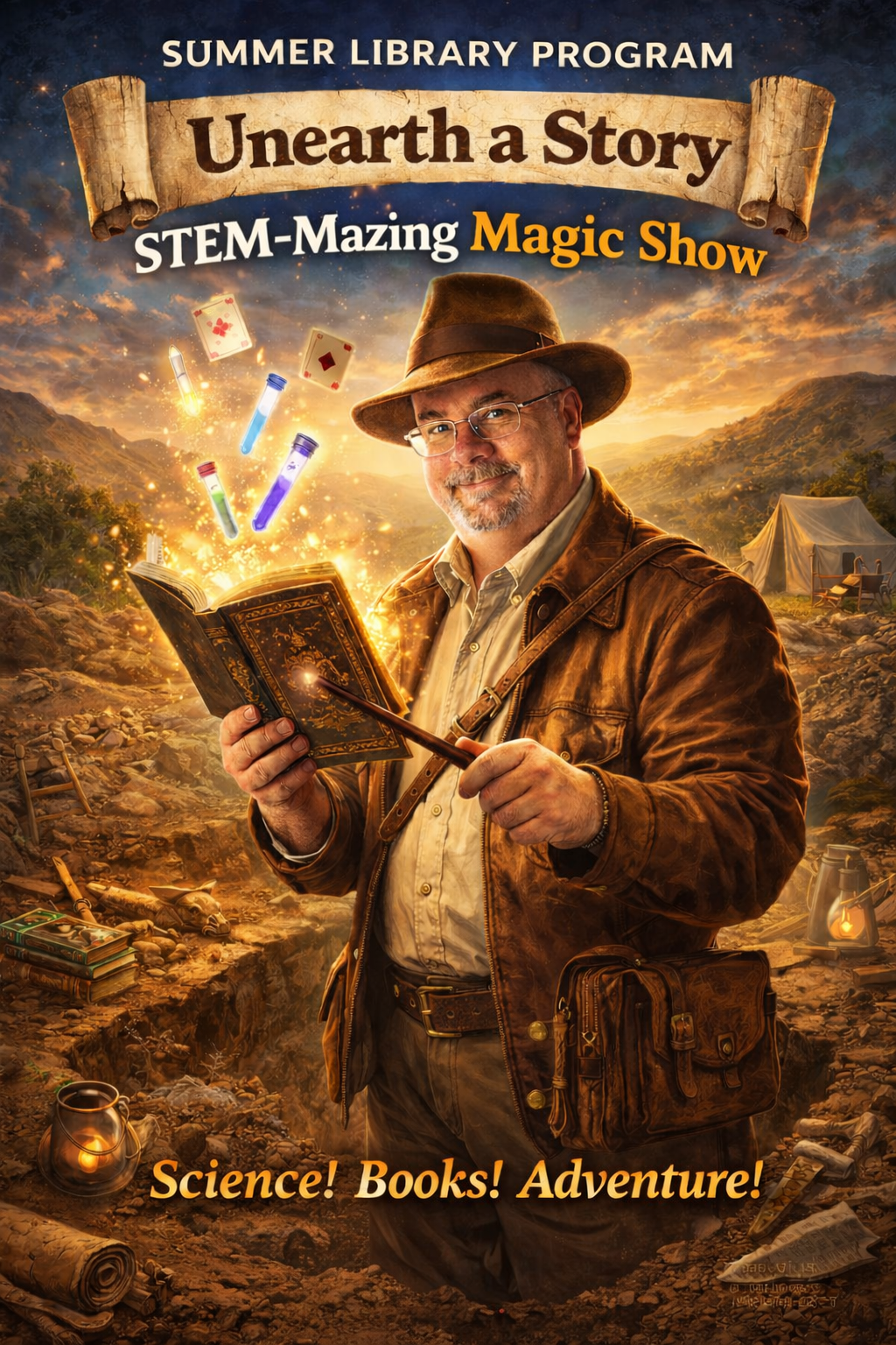 A man in a blue vest and black pants stands with his arms folded