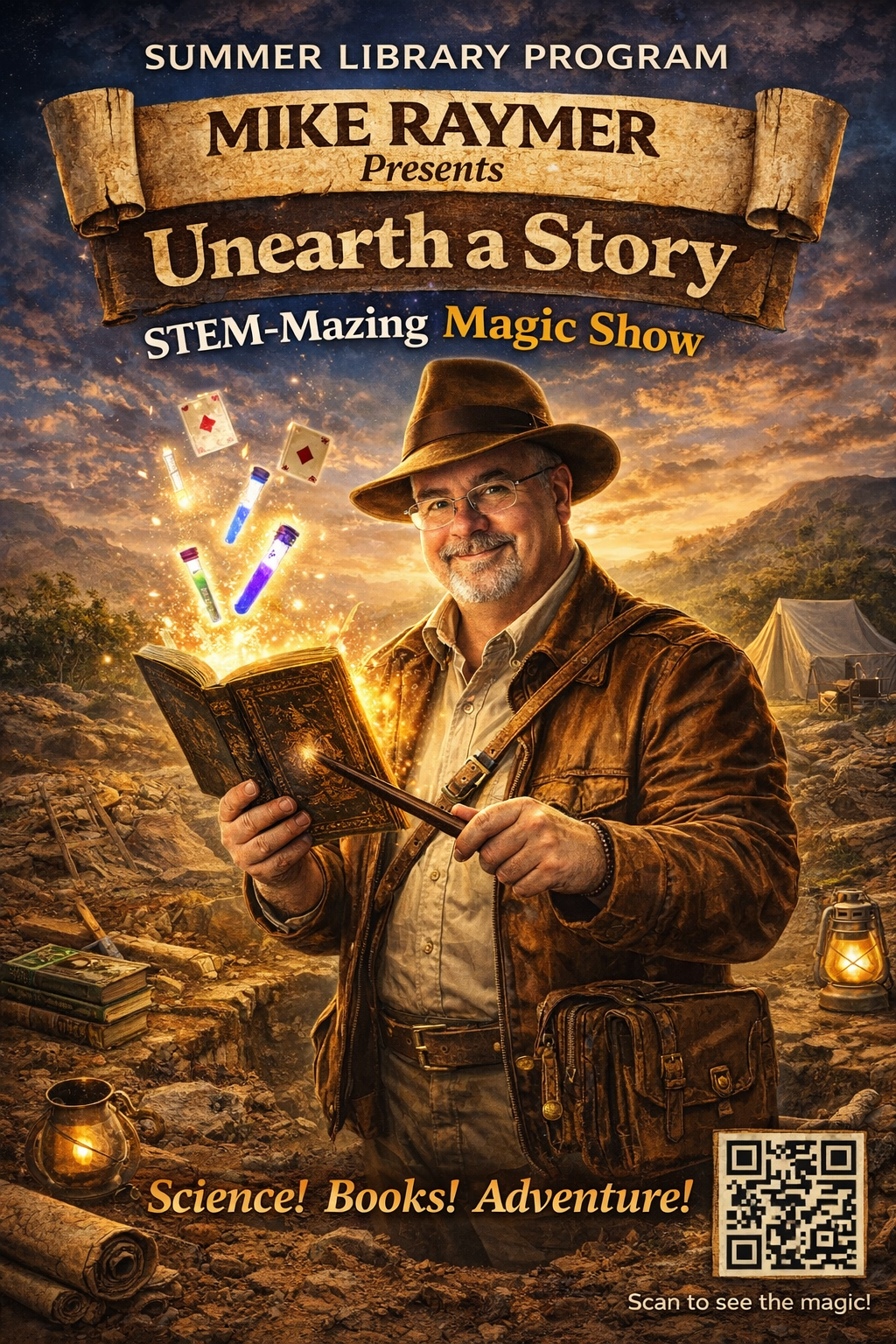 Event poster for a Summer Library Program with an explorer-themed magician casting spells from a glowing book.