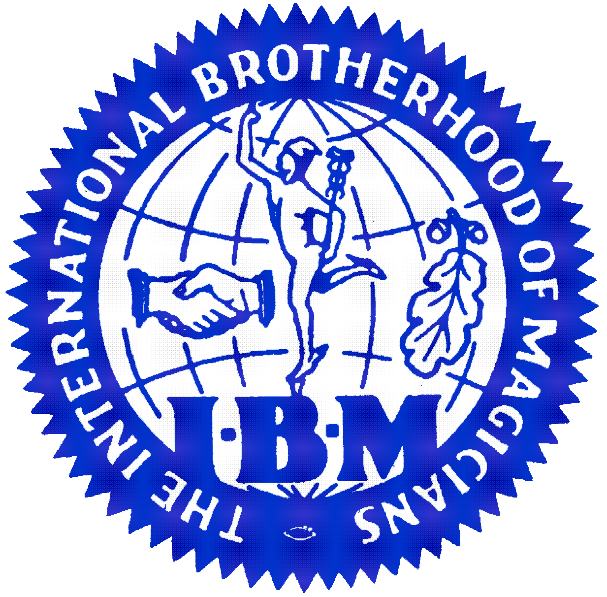 A blue and white logo for IBM the international brotherhood of magicians