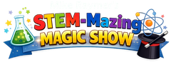 Mike Raymer Magician logo with a blue and yellow background
