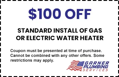 A coupon for $ 100 off standard install of gas or electric water heater