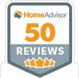 A home advisor 50 reviews badge with three stars on it.