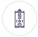 A blue and white icon of a battery in a circle.