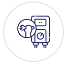 A line drawing of a charging station with a wrench in a circle.