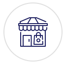 An icon of a store with a shopping bag on the front of it.