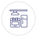 An icon of a kitchen with a stove , refrigerator , and oven.