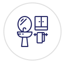 A bathroom icon with a sink , mirror and faucet.