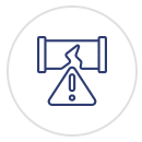 A line drawing of a broken pipe with a warning sign.