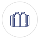 A line drawing of a suitcase in a circle on a white background.