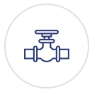 A line drawing of a valve in a circle on a white background.