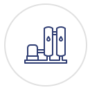 A line drawing of a water treatment system in a circle.