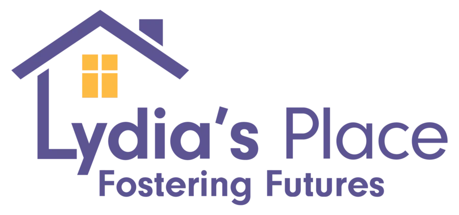 A logo for lydia 's place fostering futures with a house on it.