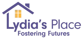 A logo for lydia 's place fostering futures with a house on it.