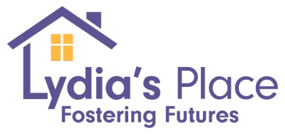 A logo for lydia 's place fostering futures with a house on it.