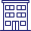 A blue and white icon of a building with square windows.
