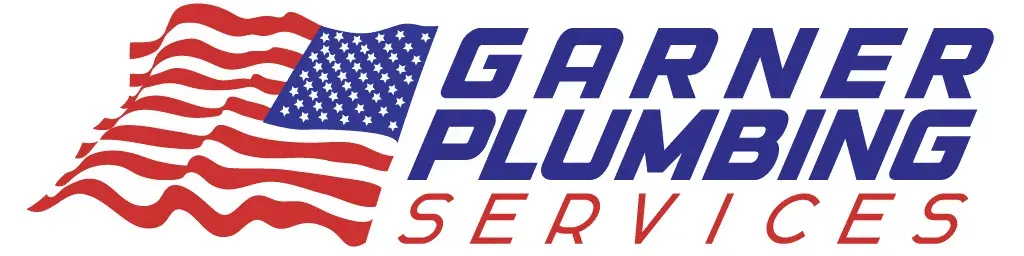 A logo for garner plumbing services with an american flag