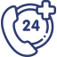 A line drawing of a phone with the number 24 and a cross.