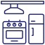 A line drawing of a kitchen with a stove , refrigerator , and microwave.