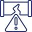 A line icon of a broken pipe with a warning sign.