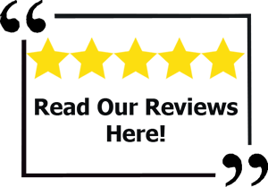 A sign that says `` read our reviews here '' with five stars.