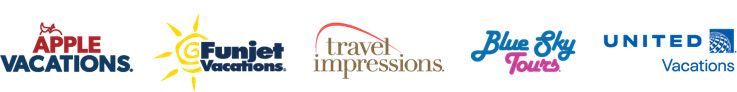 Logos for Apple Vacations, Funjet Vacations, Travel Impressions, Blue Sky Tours, and United Vacations.