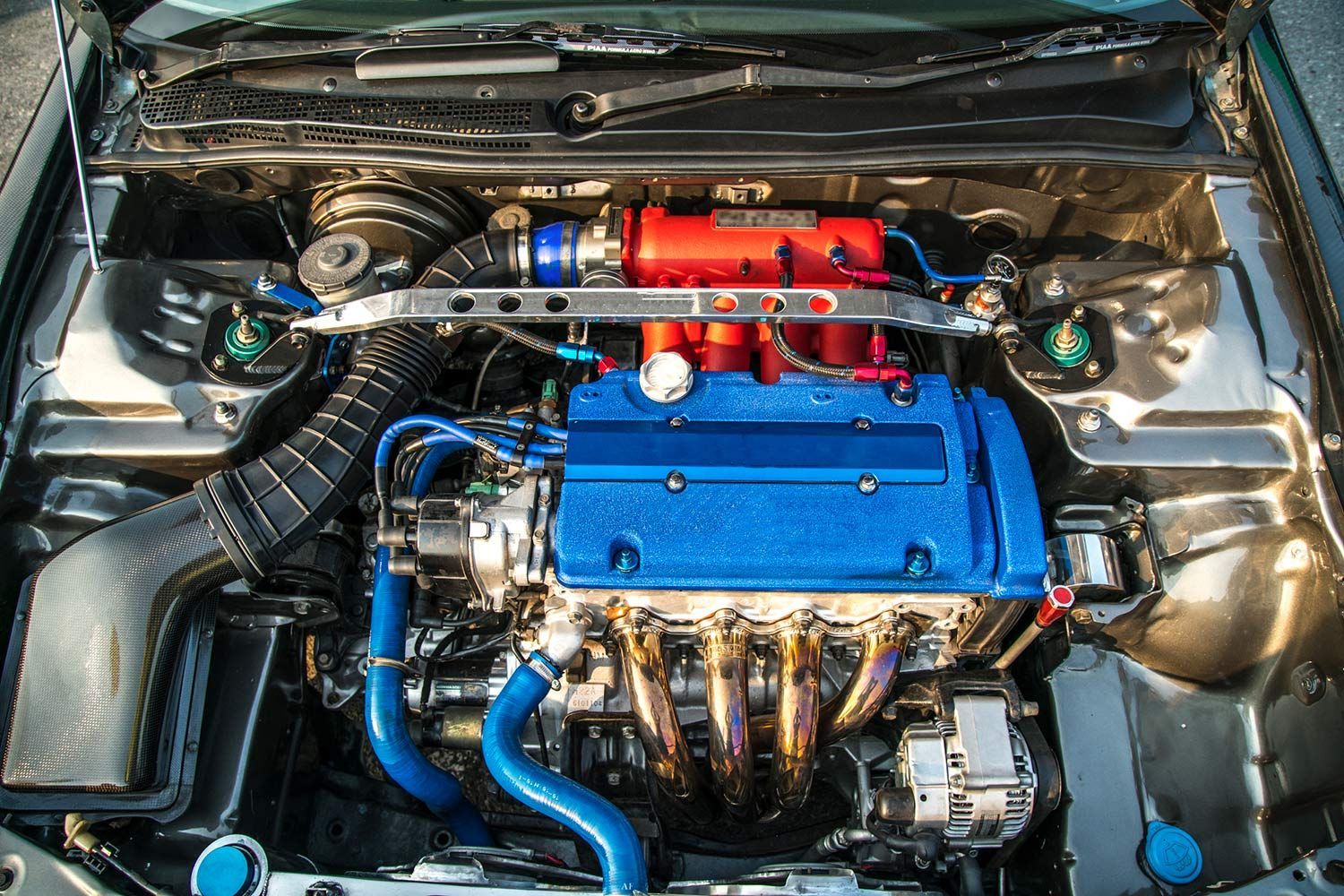 Car Engine with a Blue Paint