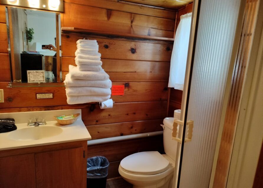 Small rustic bathroom with wood paneling, a sink, toilet, towels, and shower.