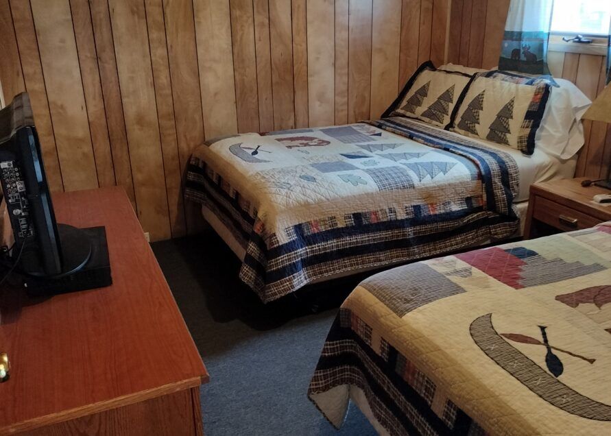 Bedroom with two beds, wooden paneling, and a TV on a dresser. The beds have patterned quilts, one with a canoe design.