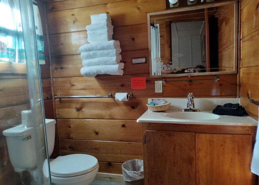 Bathroom with wooden walls, a toilet, sink, and stack of white towels.