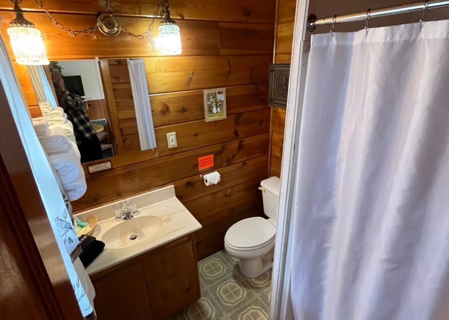 A small, rustic bathroom with wood-paneled walls. Features include a sink, toilet, and shower with a white curtain.