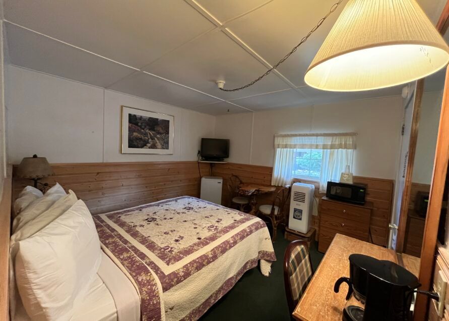 A small motel room with a bed, TV, desk, and microwave. The room has wood paneling and a window with curtains.