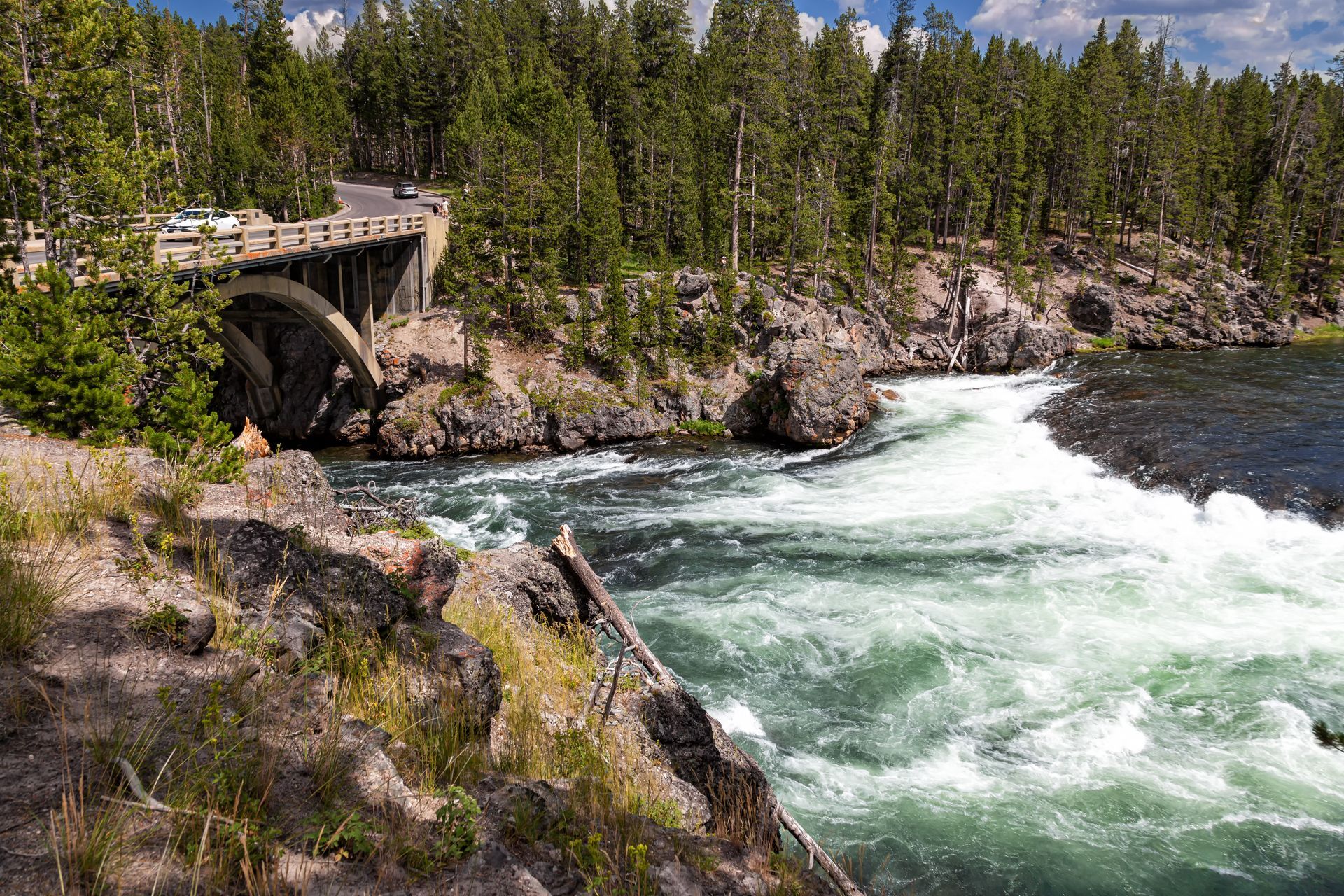 Bridge over a rushing river in a forest setting. White water churns below the bridge with dark green trees in the background.