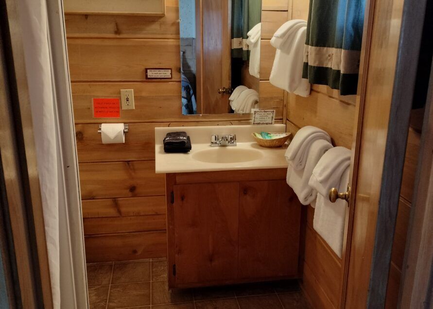 A small bathroom with wooden walls, a sink with a mirror, and towels. The door is ajar.