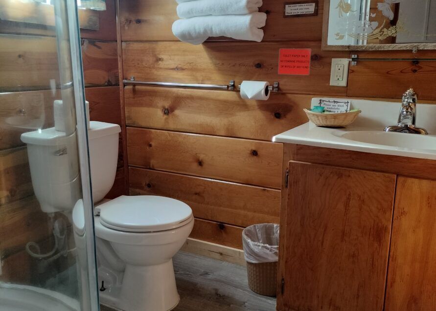 Rustic cabin bathroom with a toilet, sink, and shower. Wooden walls and a towel rack are also visible.